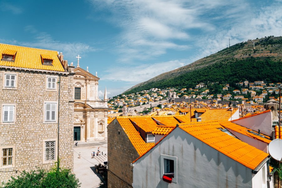 Medieval old town cityscape and saint Ignatius church in Dubrovnik, Croatia
