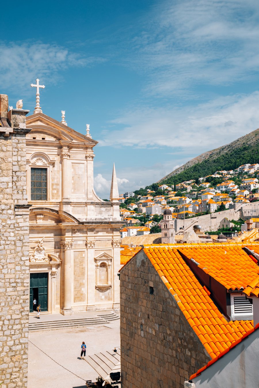 Medieval old town cityscape and saint Ignacius church in Dubrovnik